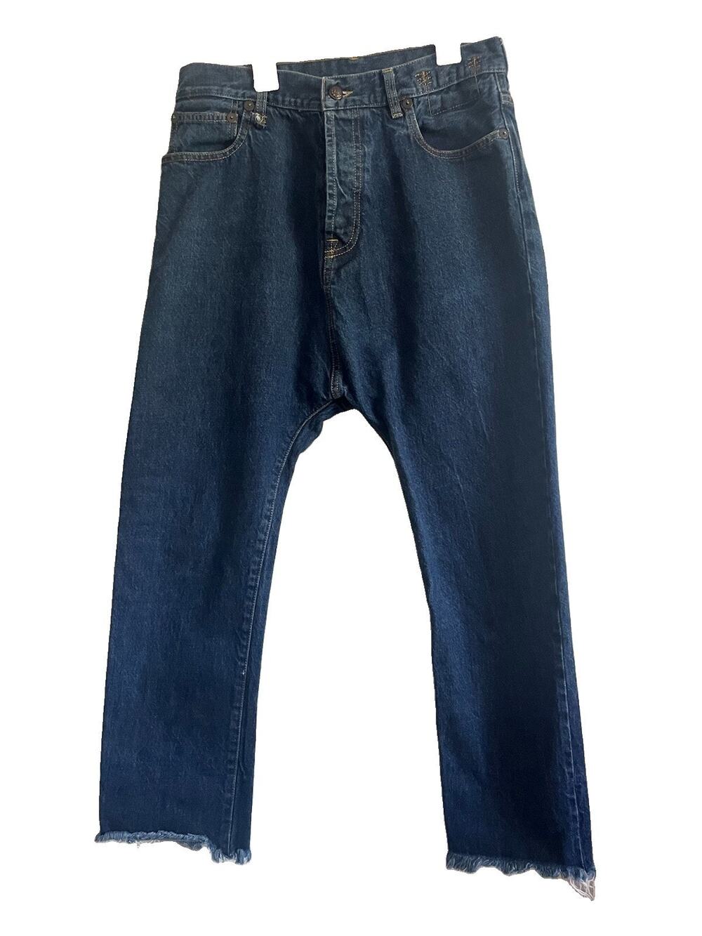 R13 Tailored Women Drop Crotch Jeans 28 Indigo Rinse Selvedge Made Italy Frayed